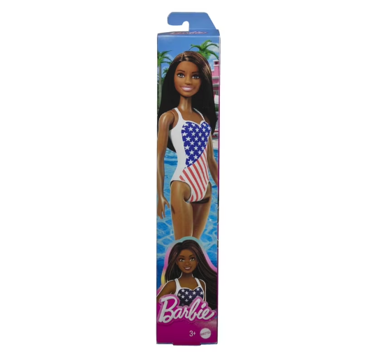 Barbie GPB17 Beach Blonde Doll One-Piece Swimsuit with American Flag Inspired Design for Children Toy
