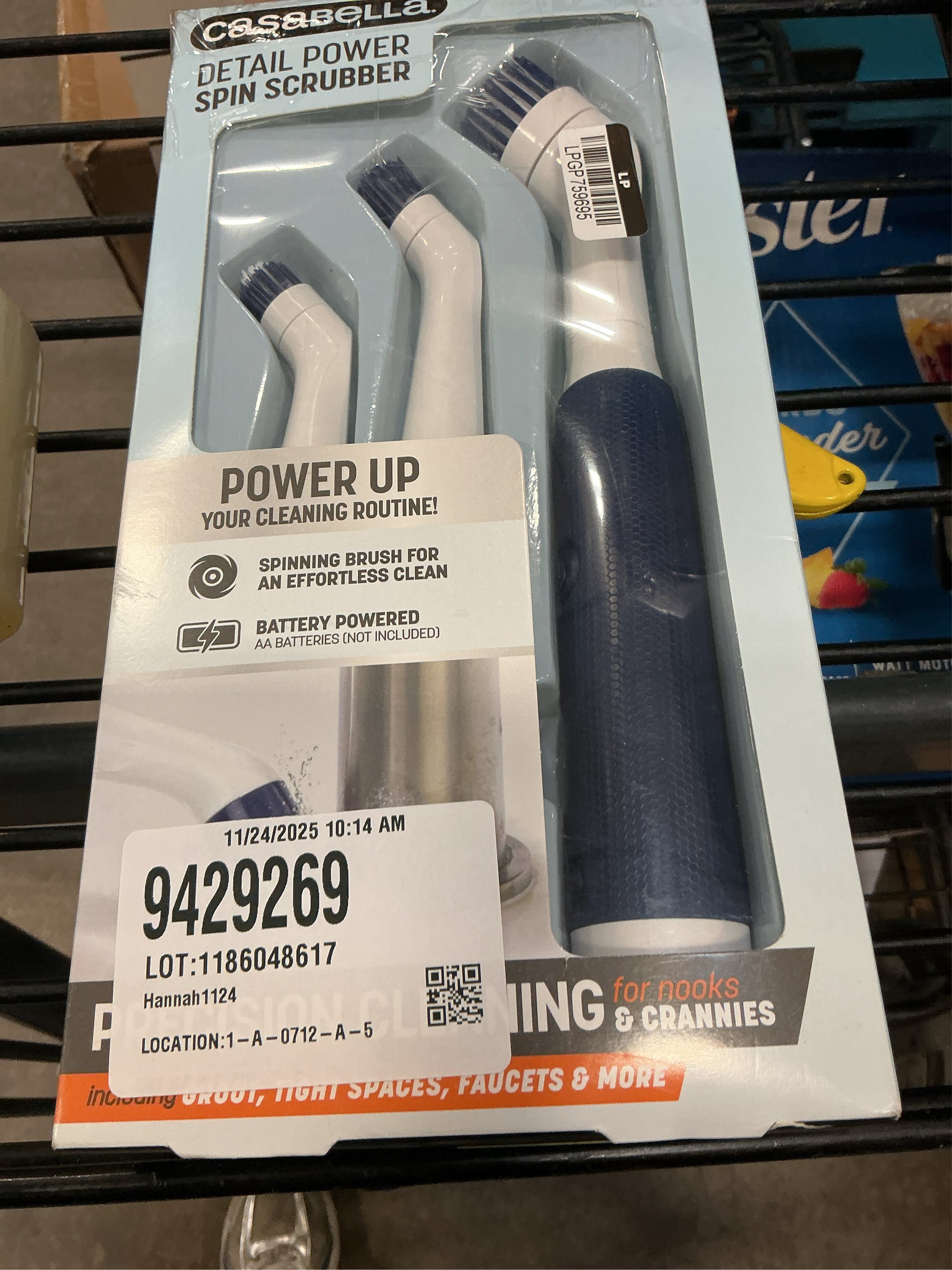 Casabella Handheld Spin Detail Scrubber, AA Battery Powered, 3 Brush Heads, White