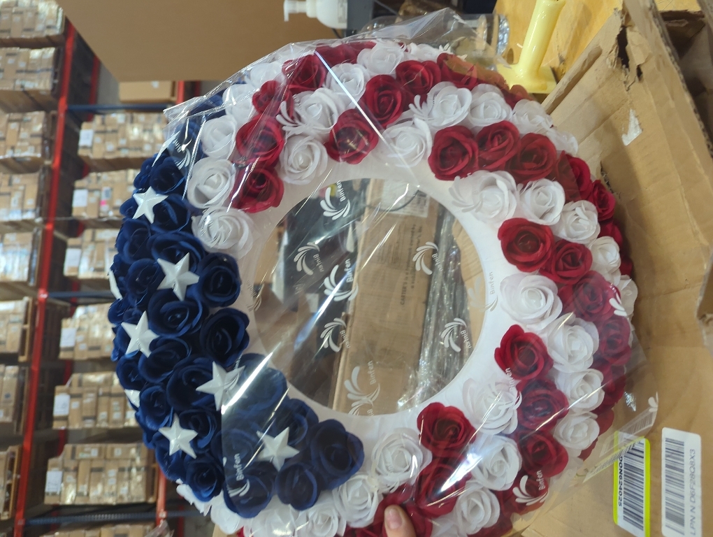 18Inch 4th of July Patriotic Roses Wreath, DILIBRA Red Blue White Foam Flower Wreath for Front Door, Artificial Memorial Day American Flag Wreath Garland Decoration for Indoor and Outdoor