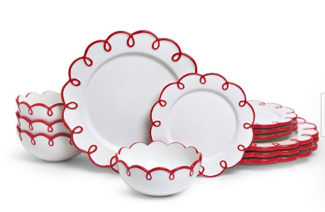 Sango 12-Piece Earthenware Dinnerware Set for 4, Glossy White Plates and Bowls Sets with Red Scalloped Rims,