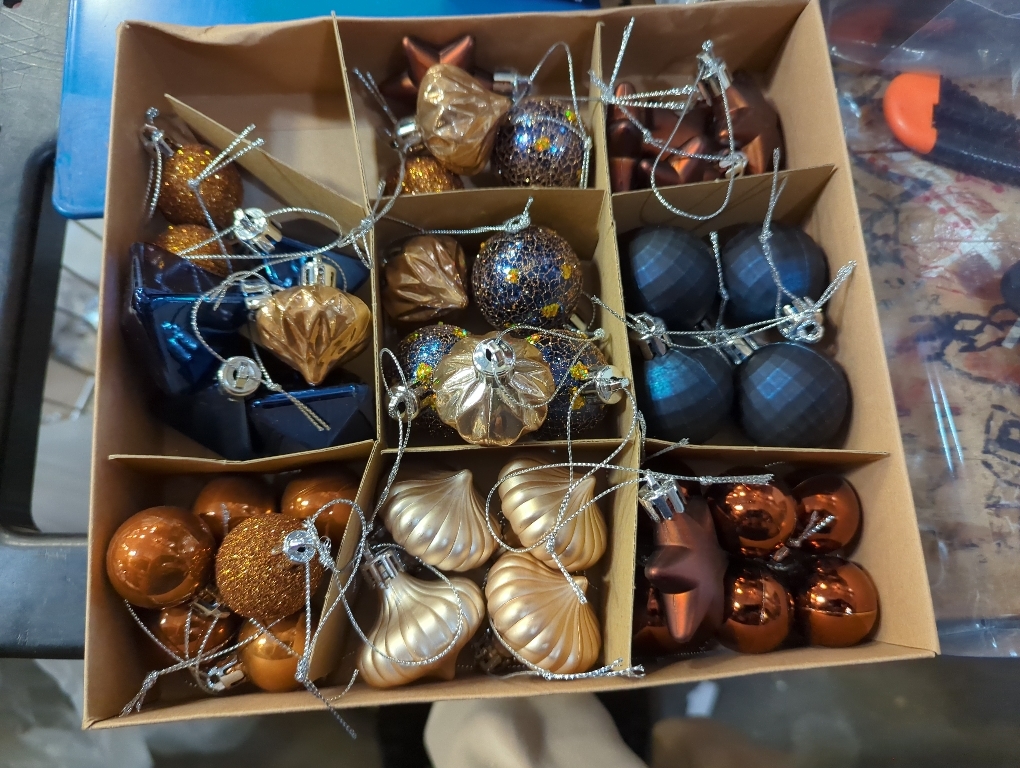 DecorbyHannah Mini Christmas Ornaments, 45ct Small Blue Copper Gold Christmas Tree Decorations, Assorted Tiny Celestial Shatterproof Plastic Decorative Hanging Ball Bulk Set for Xmas Home Table Decor