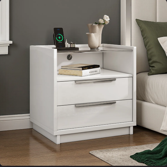 Modern High Gloss Nightstand With Charging Station White