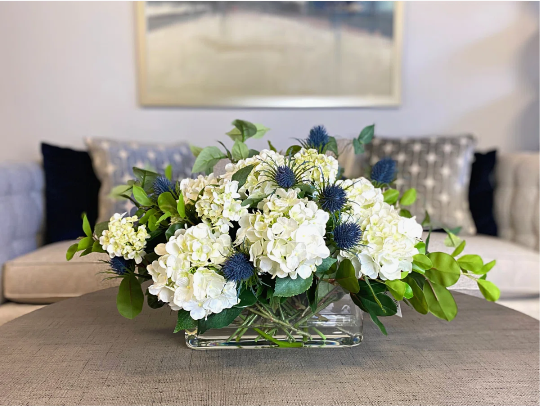 Hydrangea and Thistle Floral Arrangement in a Rectangular Glass Vase