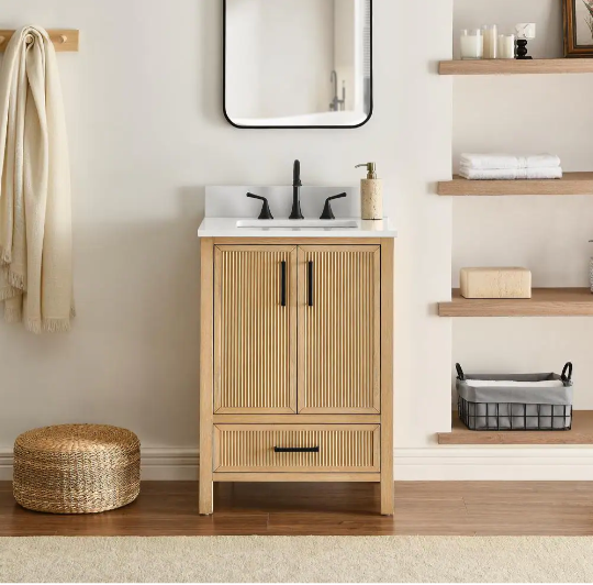 Lawford 24 in. Single Sink Freestanding Fluted Baltic Birch Bath Vanity with Carrara White Engineer Stone Top