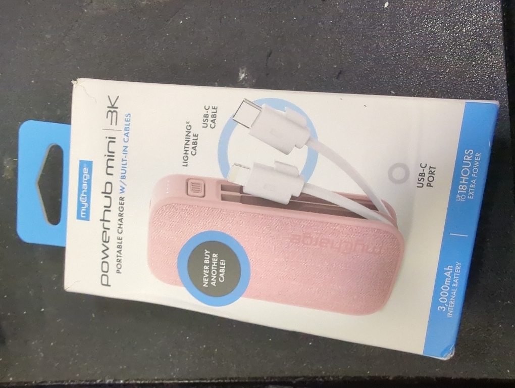 myCharge PowerHub Mini Portable Charger for iPhone - 3000mAh & Built in Cables (Lightning, Type C) 12W Turbo USB C Power Bank Fast Charging Battery Pack (Pink)