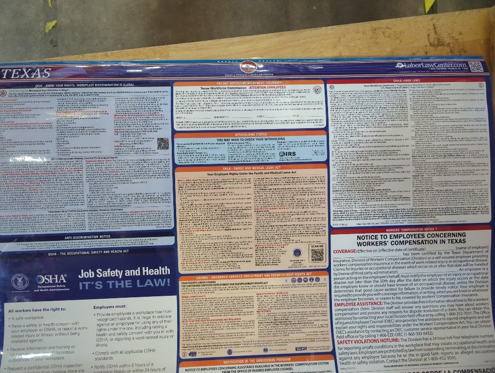 Labor Law Posters Texas 2026, English, Spanish, State Federal Notices | 26 x 39.5, Federal Workplace Notices With OSHA, EEOC, FMLA, Minimum Wage, HR Office, Worksite, Employee Posting Details