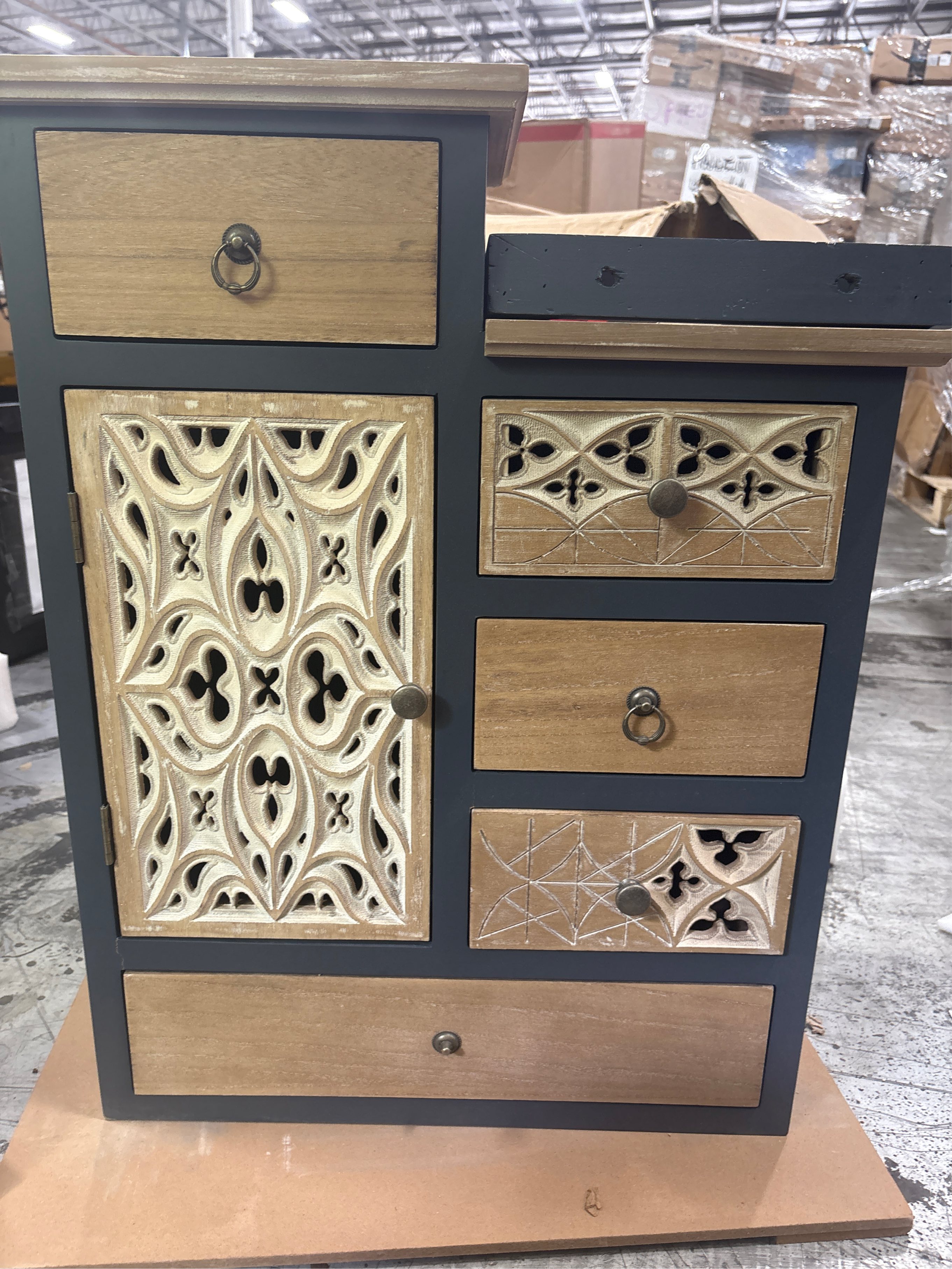 Farmhouse Accent Chest with Carved Door and 5-Drawers, Vintage Storage Cabinet Modern Dresser for Living Room, Entryway, Hallway, Multi-Drawer Organizer, Natural and Deep Blue. ( Damage see the pictures)