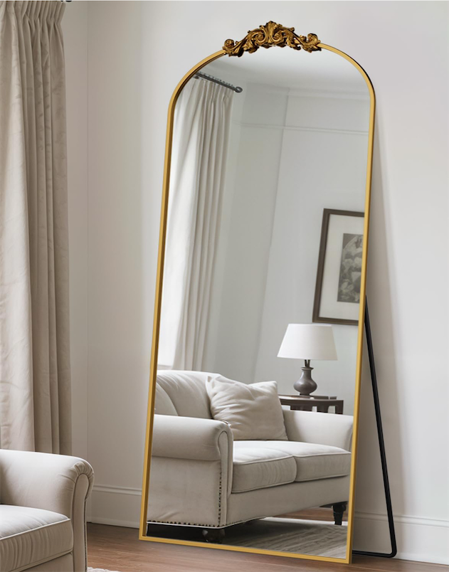 Arched Full Length Mirror, 58x18 Floor Mirror Freestanding with Carved Metal Frame & Bottom Art Carved, Full Body Mirror for HomeDecor, Standing/Halling Large Wall Mirror for Bedroom, Gold