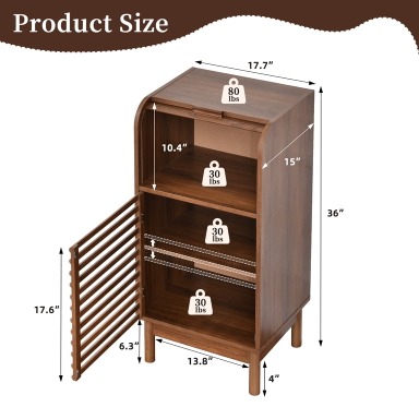 Mid-Century Modern Accent Cabinet, Narrow Cabinet with Tambour Sliding Door and Slatted Front Design, Storage Cabinet with Adjustable Shelf for Living Room, Entryway, Hallway or Small Spaces