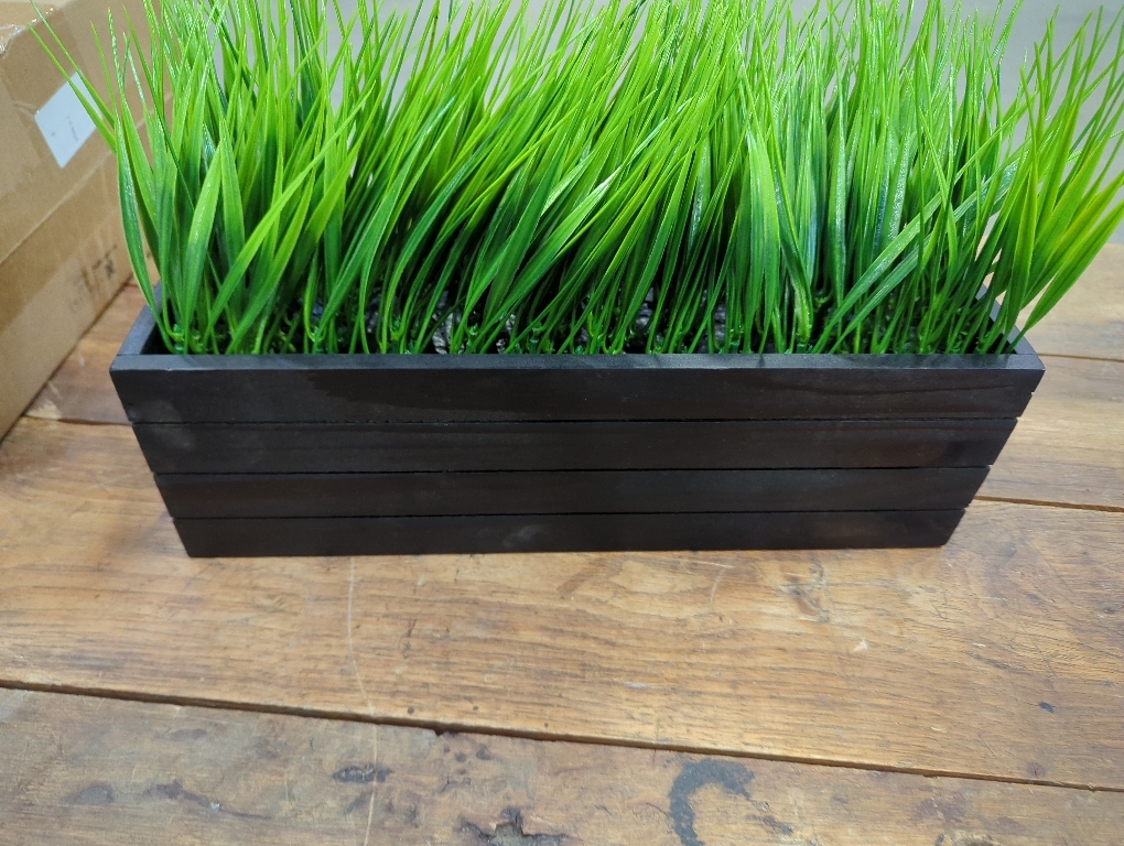 MyGift 14 Inch Artificial Green Grass Plant in Vintage Black Wood Planter