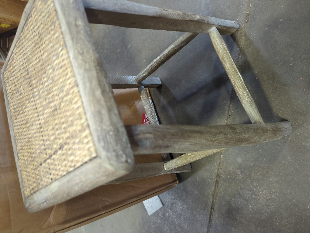 Gray Wood Stool with Woven Seat