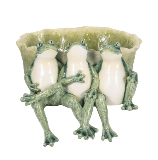 Green Resin Three Sitting Frogs with Leaf Bowl Decorative Planter