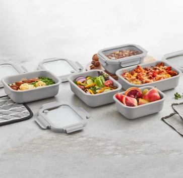 Safdie Ceramic Food Storage Set, 5 Containers with Glass Lids, Leak-Free Kitchen Containers (GRAY) ONE OF THE CONTAINERS IS CHIPPED