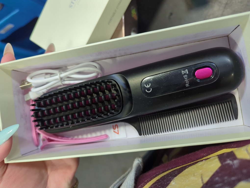 Pongnas Cordless Hair Straightener Brush LED Display Portable Hot Brush 3 Temperature Settings Type C Fast Charging All Hair Type (Black)