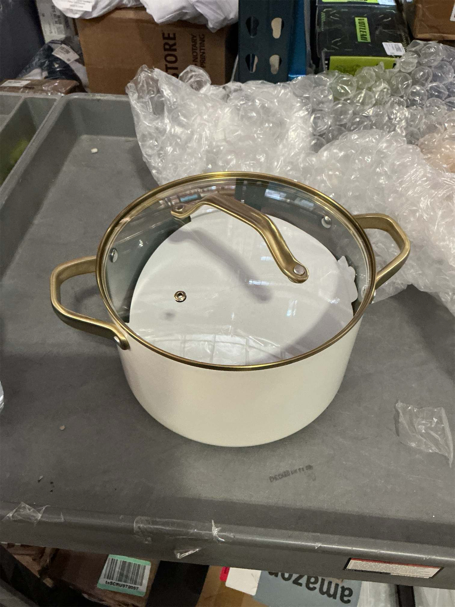 6qt Nonstick Ceramic Stock Pot with Glass Lid, Large Induction Compatible Soup Pot, Oven Safe & Dishwasher Safe, 9.6-Inch Aluminum Dutch Oven with Champagne Gold Handles, Cream