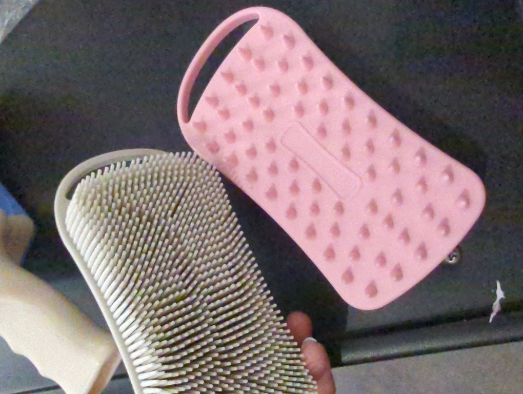 2 PC Silicone Body Scrubber, 2 in 1 Exfoliating Shower Bath Scrubber, Soft Silicone Loofah for Sensitive Skin, Shower Hair Scalp Massager, Easy to Clean, Lather Well (Grey&Black)