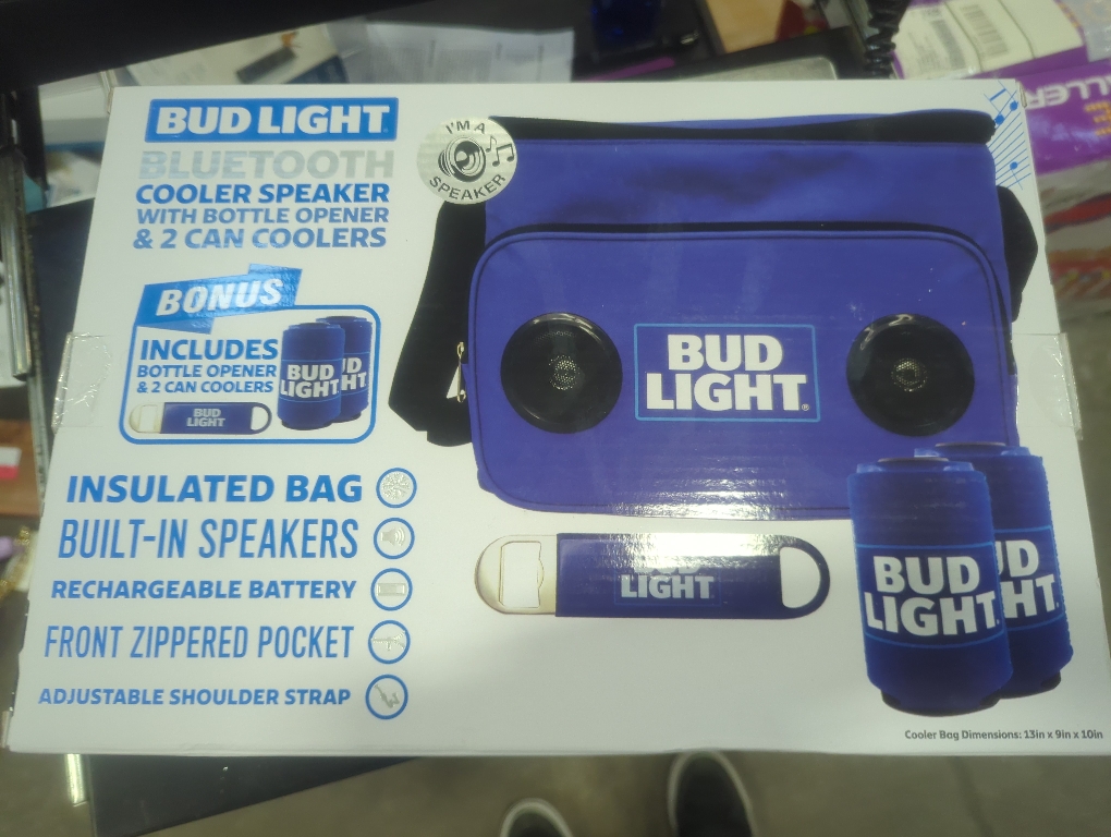 Bud Light Bluetooth Cooler Speaker With Bottle Opener & 2 Can Coolers