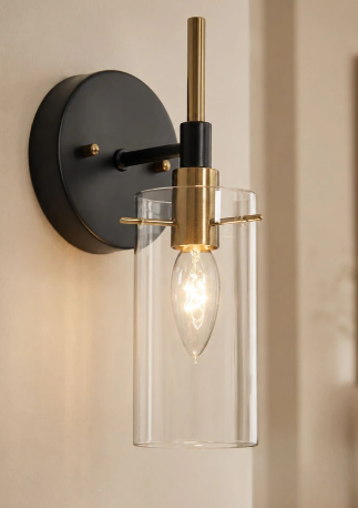 Modern Farmhouse 1-Light Black Gold Wall Sconce Light Fixture with Glass Shade