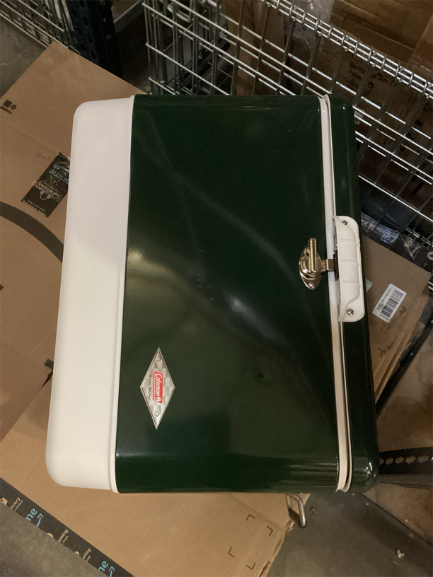 Coleman Vintage 54qt Steel Belted Cooler, Keeps Ice Up to 4 Days, 85-Can Capacity Hard Cooler with Drain & Have-A-Seat Lid has a few dents on lid and front