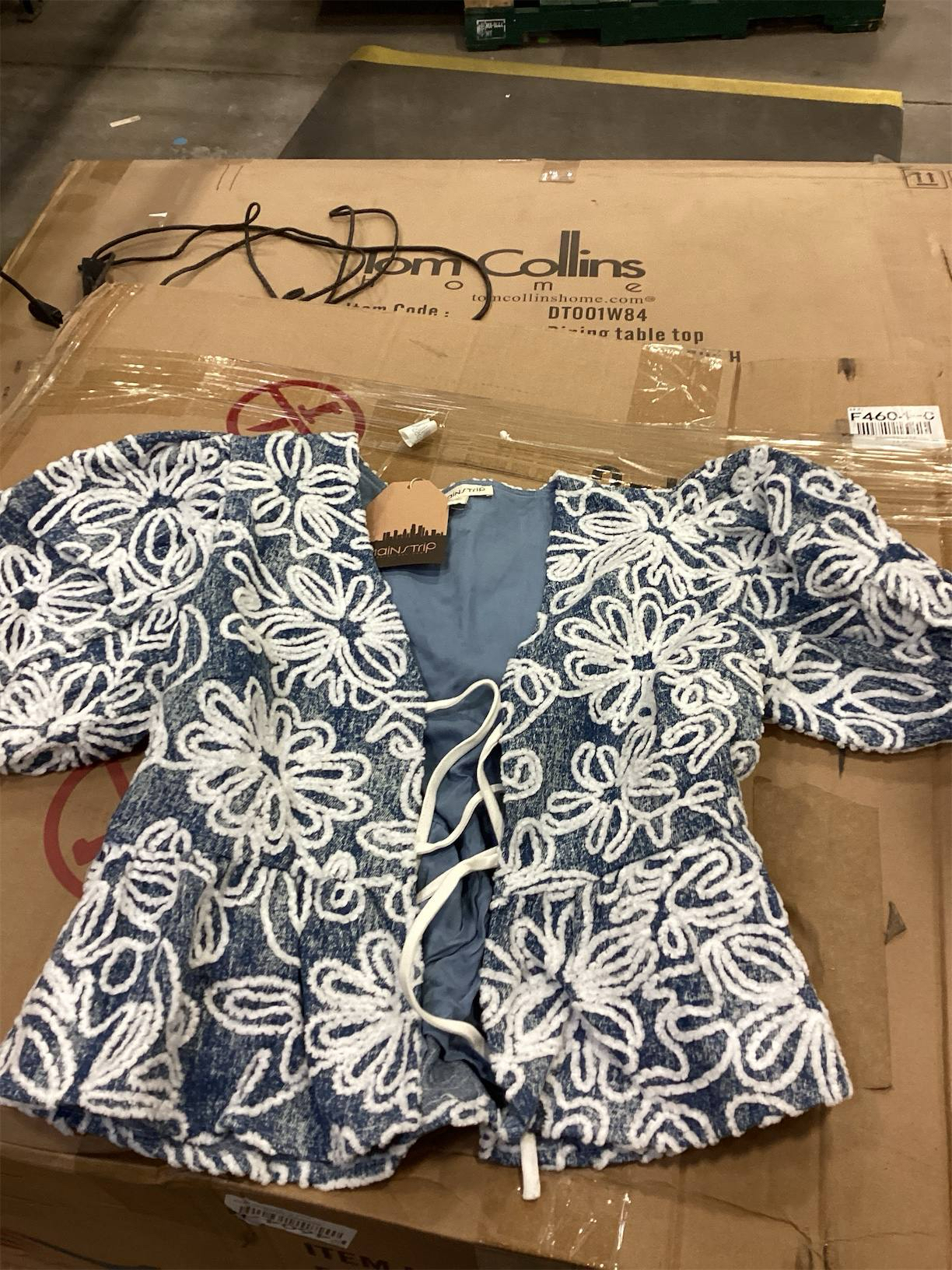 Denim Embroidered Crop Top with Front Tie Detail SIZE SMALL