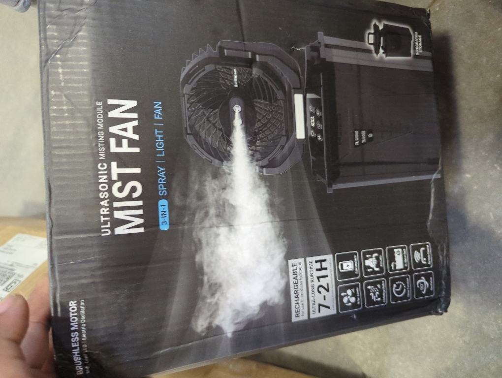 Misting fan with 7L bucket 90°Oscillating ,4 Spray Mister 25000mAh Rechargeable Camping fan with Remote Control Stepless Speed and Timer for Patios/Camping，Waterproof Design Outdoor Fans (Black)