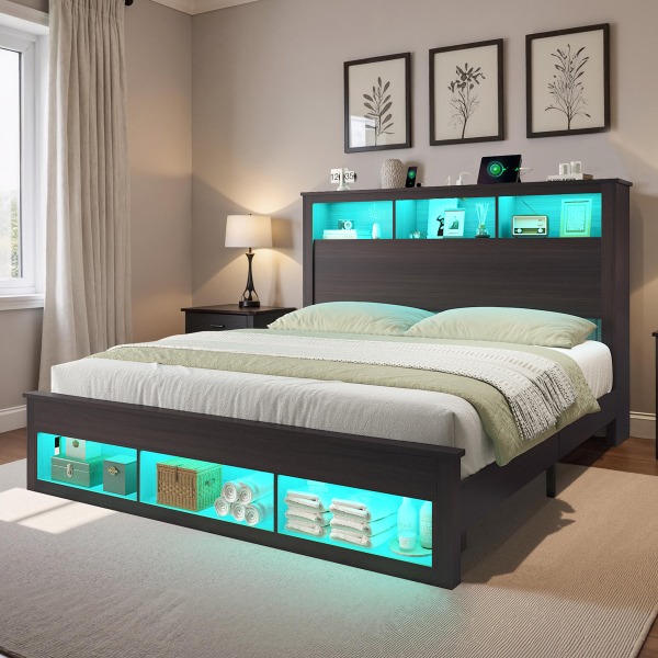Sherell King Bed Frame Black with Bookcase Storage Headboard and Footboard, LED Lights, Charging Station