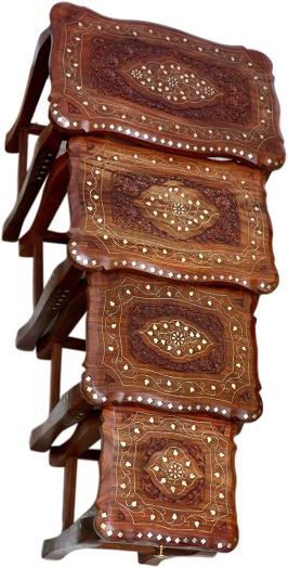 Handcrafted Nesting Table with Carving and Brass Work On Top for Living Room and Bed Room