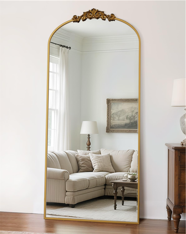 Arched Full Length Mirror, 58x18 Floor Mirror Freestanding with Carved Metal Frame & Bottom Art Carved, Full Body Mirror for HomeDecor, Standing/Halling Large Wall Mirror for Bedroom, Gold