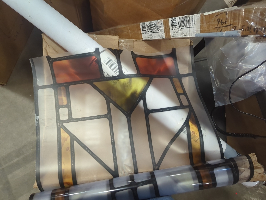 Original Hand Drawn Faux Stained Glass Window Film, Double-Sided Privacy Static Film, Amber Geometry Patterns Inspired by Hollyhock House, See Through 11.02X55.12