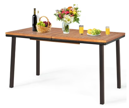 Patiojoy Acacia Table Dining Table w/ Hole Slatted Wood Surface for Indoors & Outdoors