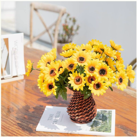 Velener Artificial Silk Sunflower with Rattan Vase Daisy Arrangement, Flowers & Stems, Sunflower Bouquet, Handmade Willow, Fake Flowers in Vase for Home Decor