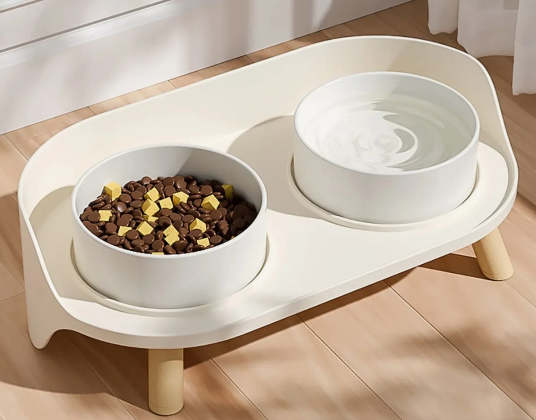 Bone China Double Pet Feeder, Elevated Cat Dog Food Double Bowls, Ceramic
