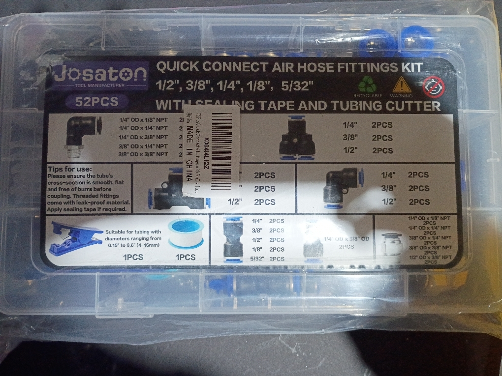 52 Pcs Quick Connect Air Hose Fittings Kit, Josaton Air Line Quick Connect Fittings, 1/2, 3/8, 1/4, 1/8，5/32 Pneumatic Fittings, NPT Male Thread Push to Connect Fittings, with Sealing Tape