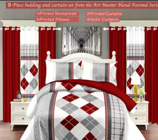 geometric design in burgundy red, white, and beige tones, ideal for completely refreshing 9pcs