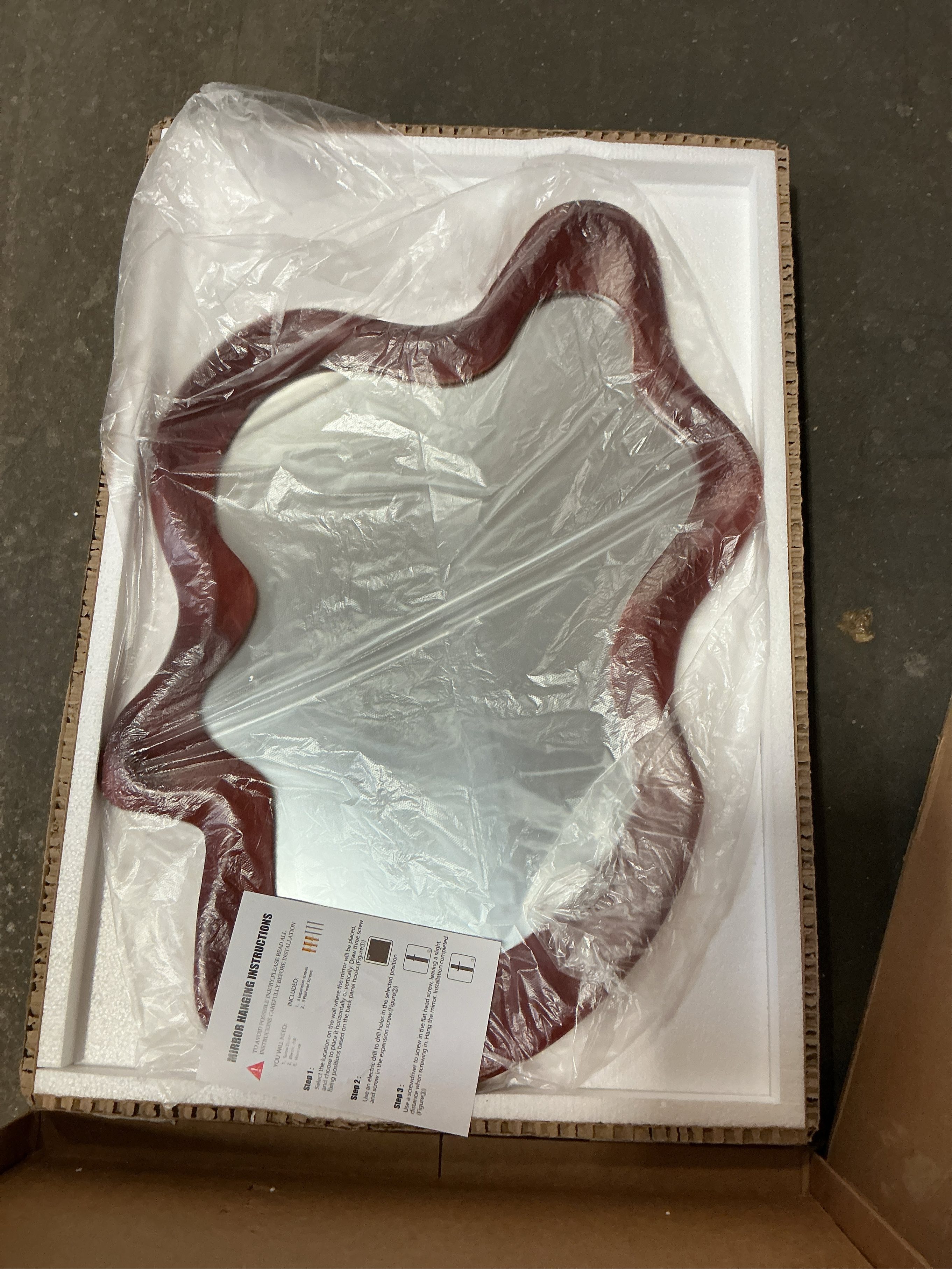 32x 21 Irregular Wall Mirror, Walnut Wooden Framed Asymmetrical Wall Mirror for Living Room Bedroom Entryway Bathroom Modern Decorative Hanging Hooks