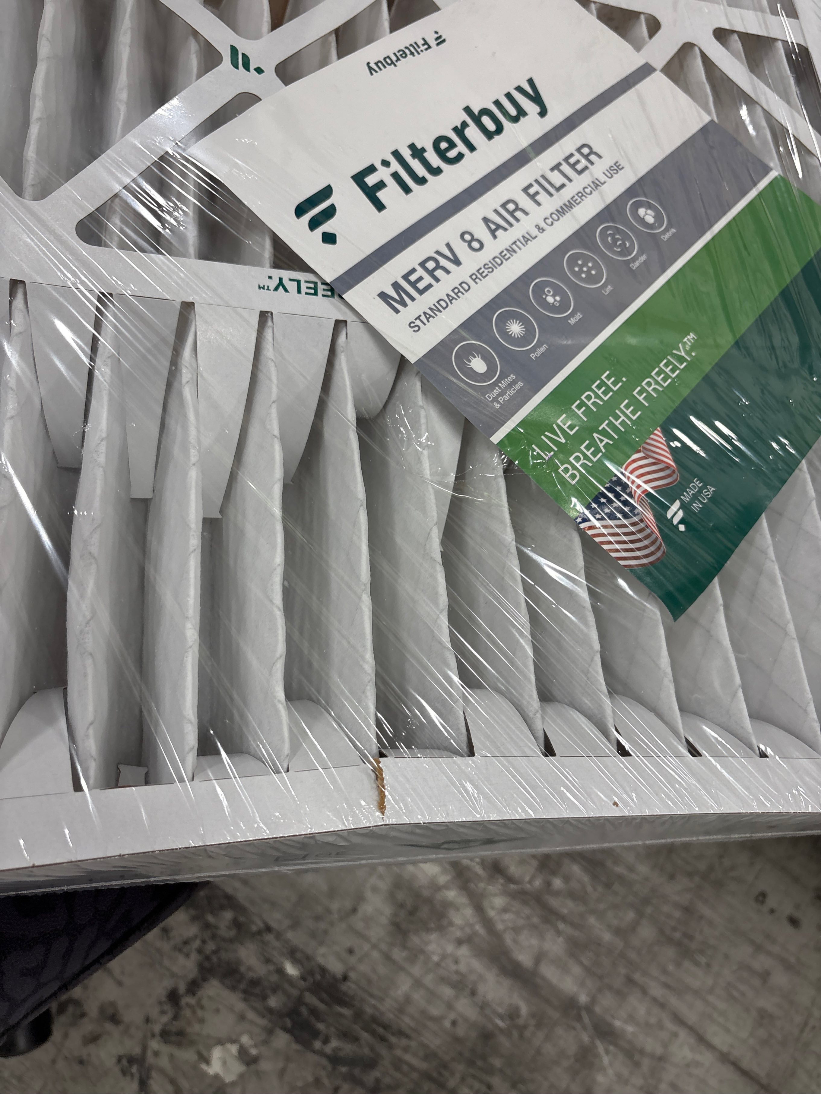 Filterbuy 20x25x5 Air Filter MERV 8 Dust Defense (2-Pack), Pleated HVAC AC Furnace Air Filters for Honeywell FC100A1037, Lennox X6673, Carrier, & More (Actual Size: 19.88 x 24.75 x 4.38 Inches).   (. See the pictures is new but one have little cut )