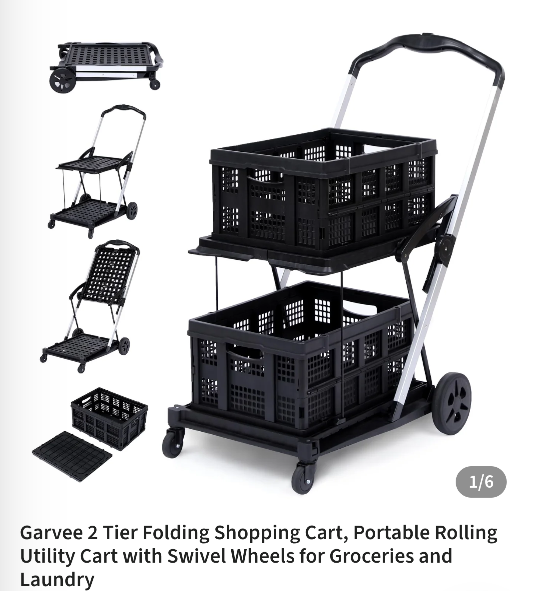 Garvee 2 Tier Folding Shopping Cart, Portable Rolling Utility Cart with Swivel Wheels for Groceries and Laundry