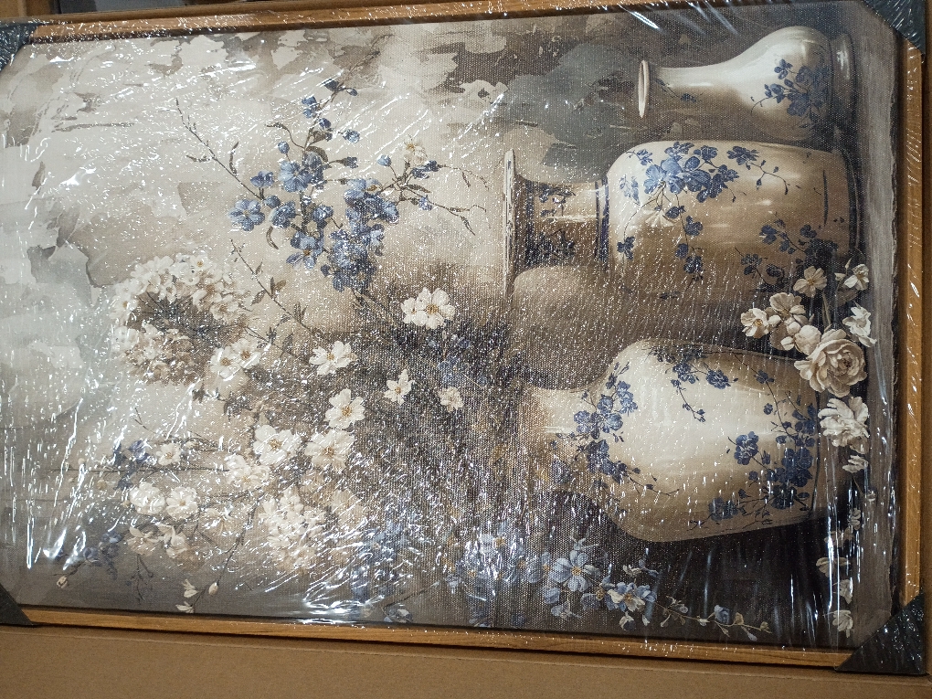 Floating Framed Farmhouse Floral Canvas Wall Art, Vintage Blue and White Flower Pictures Wall Decor, Elegant Art Jar Posters Print for Living Room Bedroom Bathroom Rustic Decor 16x24 inch