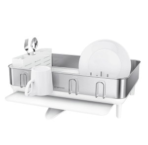 NEW Simplehuman Stainless Steel Frame Dish Drying Rack White with Knife Block