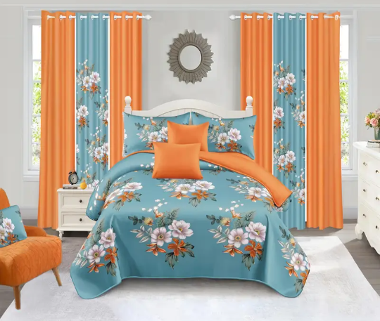 Royberry 9-piece floral bedspread, pillowcase, and curtain set packaged in a clear and orange plastic zipper bag. [1]