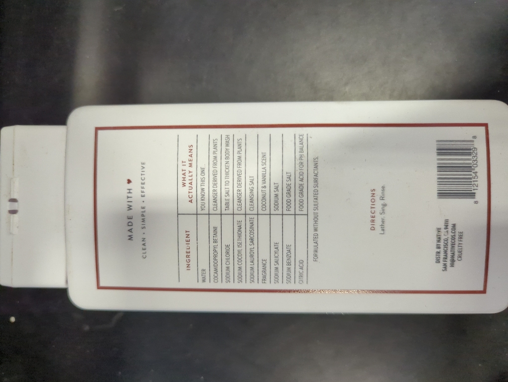 Native Body Wash, 18 OZ, Coconut & Vanilla