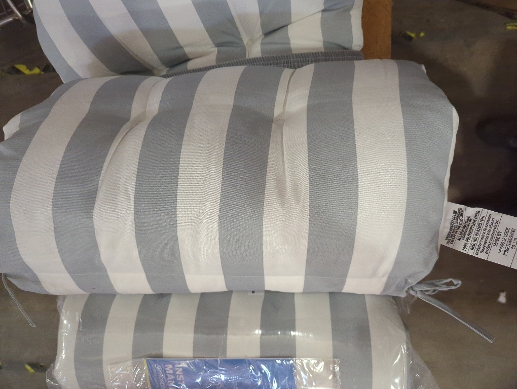 Outdoor Tufted High-Back Chair Cushions, One-Piece Hinged Seat and Back Design, Reversible with 4 Ties, Durable Polyester Fabric, Recycled Fiber Fill - Set of 2, Canopy Stripe Gray