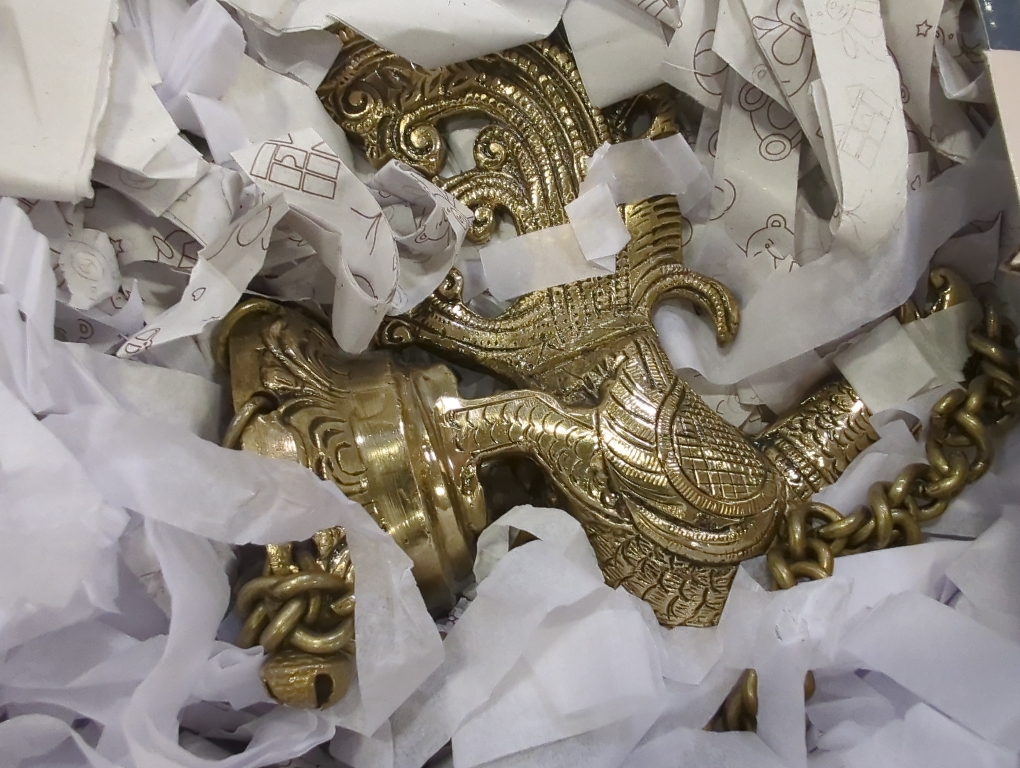 eSplanade Brass Diya Indian Pooja lamp| Hanging Brass Deepak Deepam Kuthu Vilakku| with Bells (Peacock).