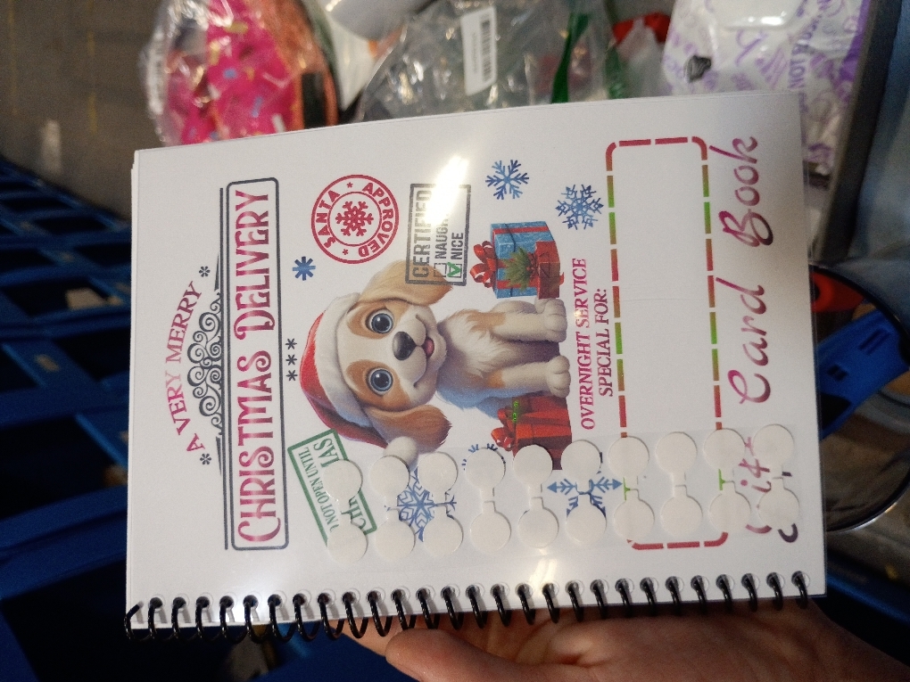 Christmas Gift Card Book 5x7 inches with Stickers, 10 Page Soft Cover Spiral Bound with Protective PVC Cover, and 20 Double Sided Sticky Dots - 8 Different Cover Design Options (Christmas Delivery Dog)