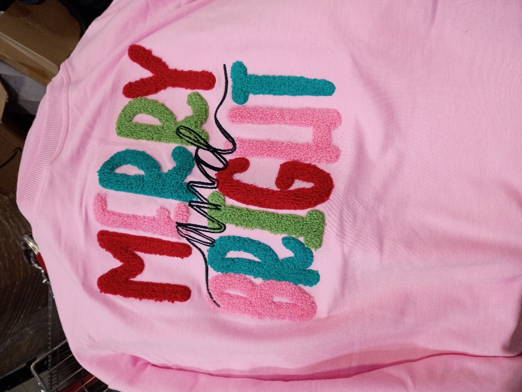 Merry Christmas Sweatshirts Women Merry And Bright Christmas Pullover Top Chenille Patch Letter Printed Xmas Gifts Top