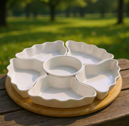 Rotating Flower Shape Serving Tray 7pc Set, White And Natural