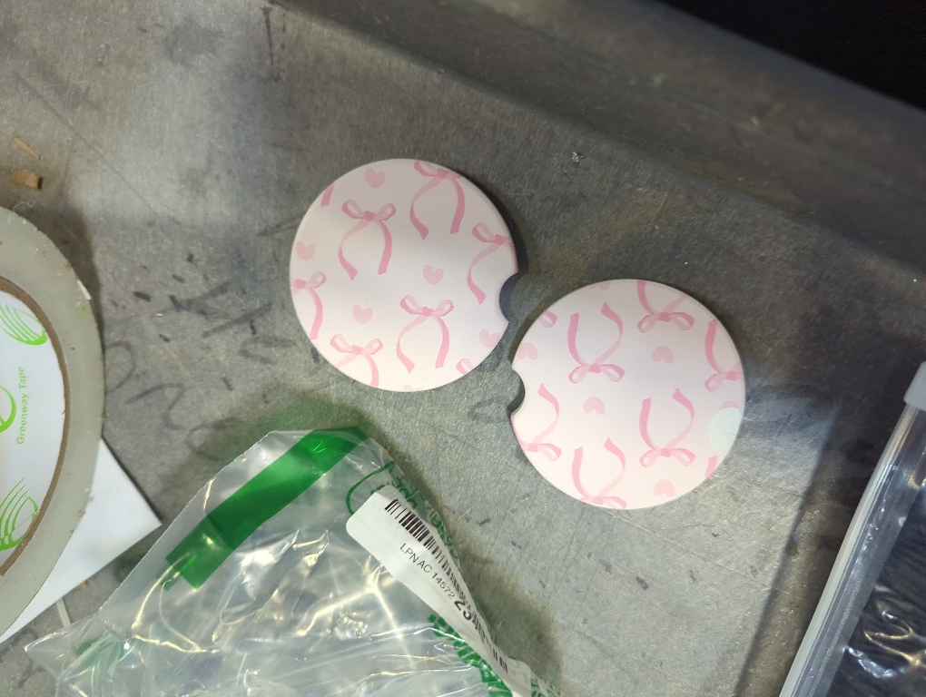 Pink Bow Love Heart Car Cup Holder Coaster 2 Pack Absorbent Ceramic Car Coasters for Cup Holders Car Accessories Interior for Women Men Universal Anti Slip Cork Base Cup Coasters with Finger Notch