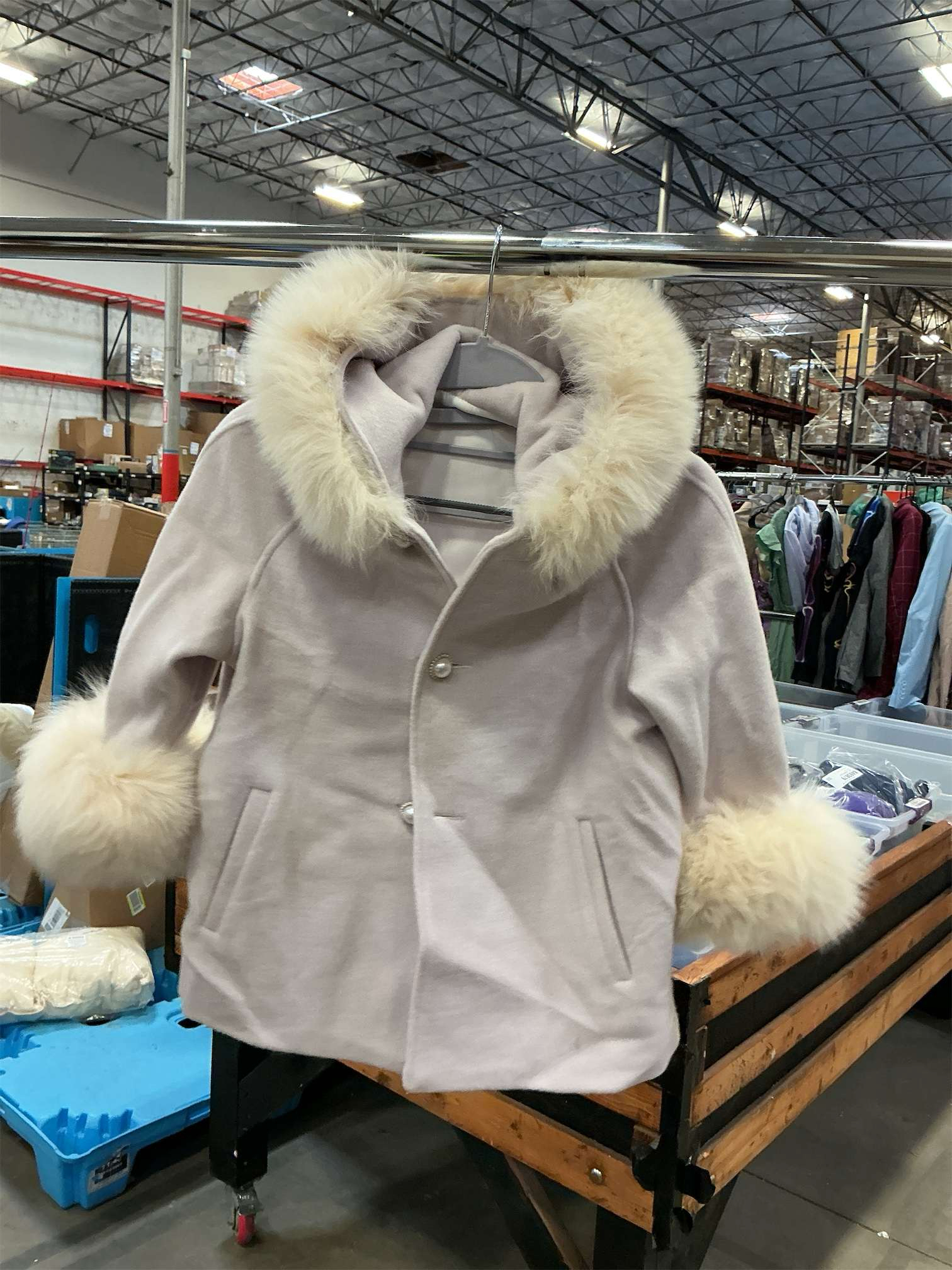 SIZE SMALL.   Coat With Big Fluffy Faux Fur Cuff And Hood Little Girls Warm Wool Jacket
