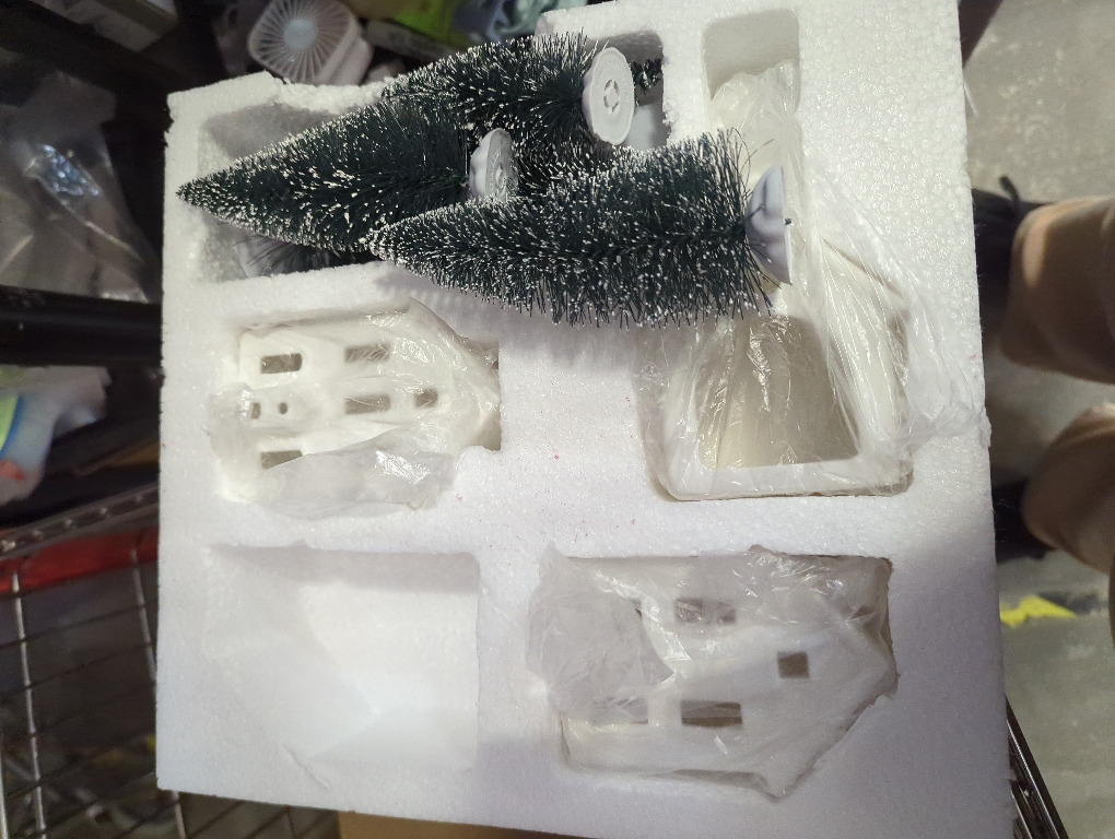 7 Pcs Christmas Village Figurines Sets - 4 Lighted Ceramic Houses with Remote Control & 5 Trees - Christmas Decorations Indoor - White Xmas Holiday Farmhouse Rustic Decor for Home Table Room