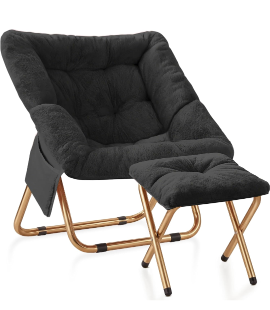 Comfy Saucer Chair for Adults, Foldable Living Room Chairs, Soft Faux Fur Lounge Chair for Bedroom, Reading Chairs, X-Large (Ottoman-Black)